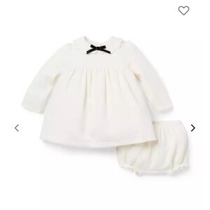 Janie & Jack cream & sugar w black bows matching set, tights and beret, 6-12 mo